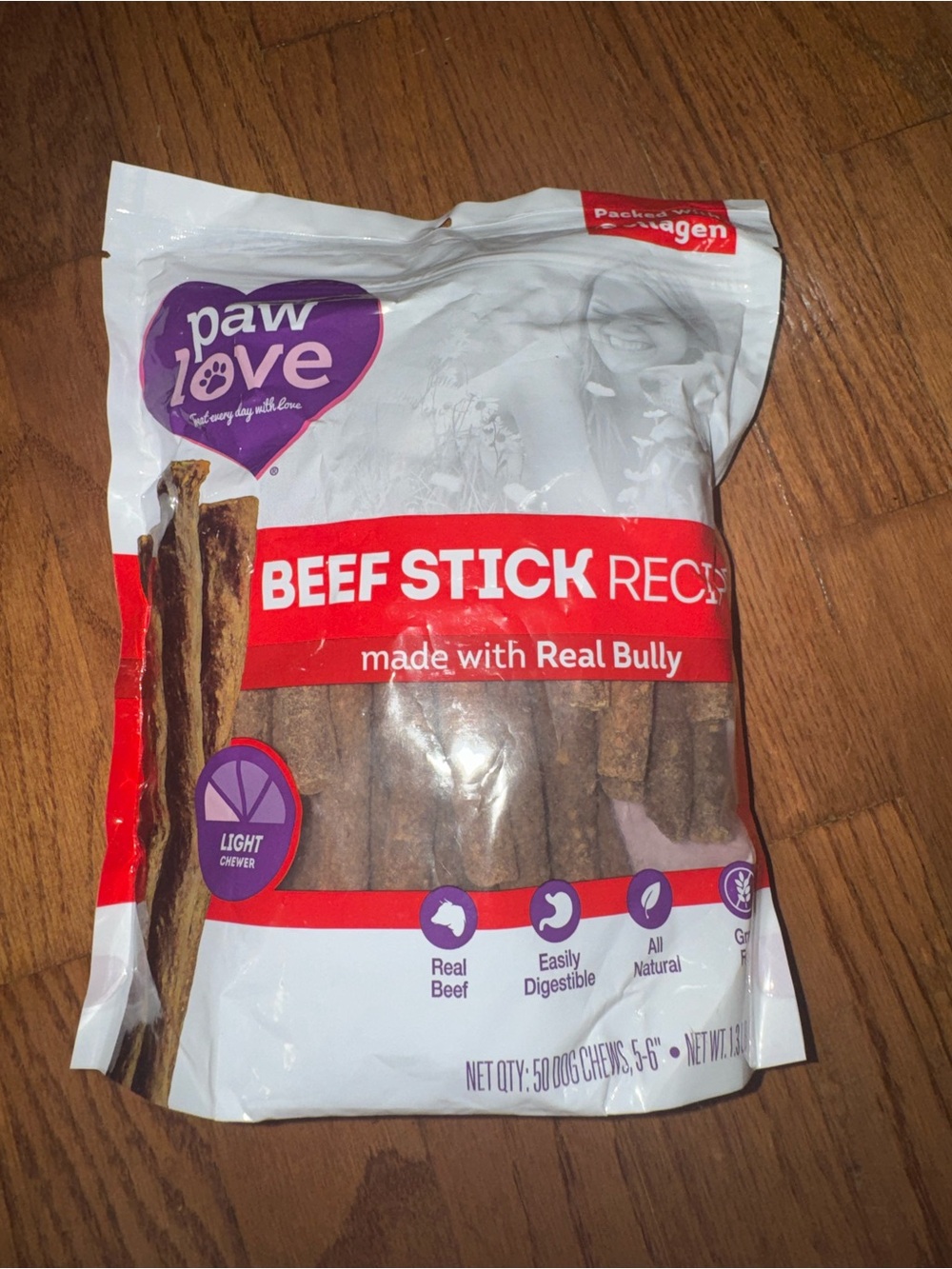paw love beef stick recipe MADE WITH REAL BULLY
NET QTY : 50 dog chews,5-6
NET 1